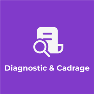 Image contenant une icône de loupe par dessus une feuille de script avec comme titre "Diagnostic & Cadrage" le tout sur un fond violet