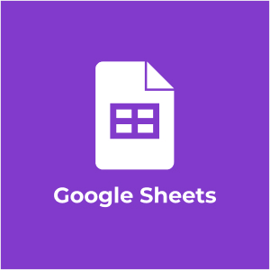 Miniature du logo Google Sheets et son intitulé en blanc sur un fond violet